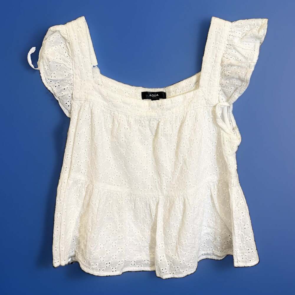 Aqua White Cotton EyeletLace Boho Cottagecore Peplum Blouse Top XS 35”CHEST/15”L